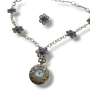 Amy Kahn Russell Pocket Watch Necklace And Ring ( Size 9) Set 38” Bronze Floral